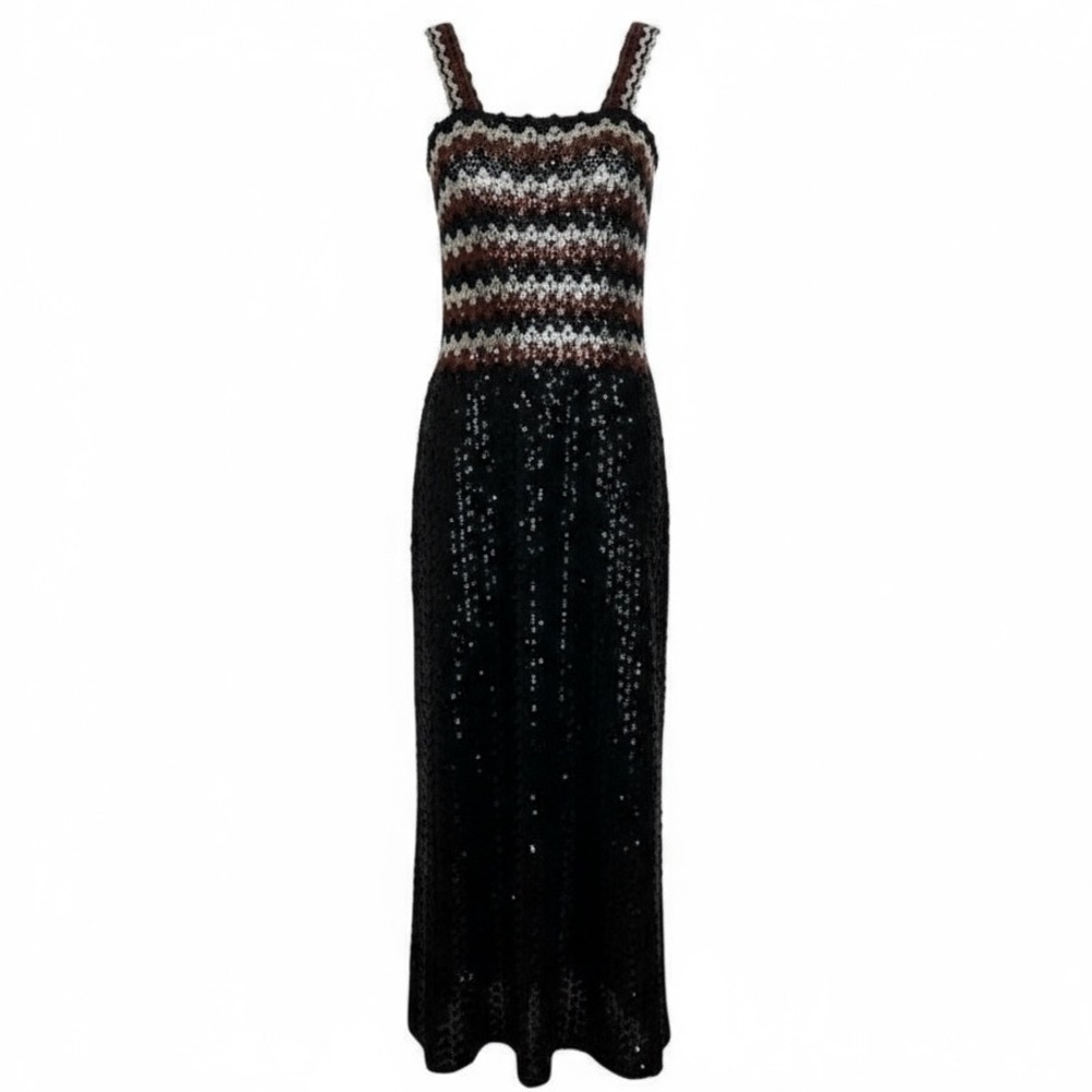 Vintage 60s/70s Sequin Chevron Maxi Dress - Black, Silver Bronze - Handmade Gown